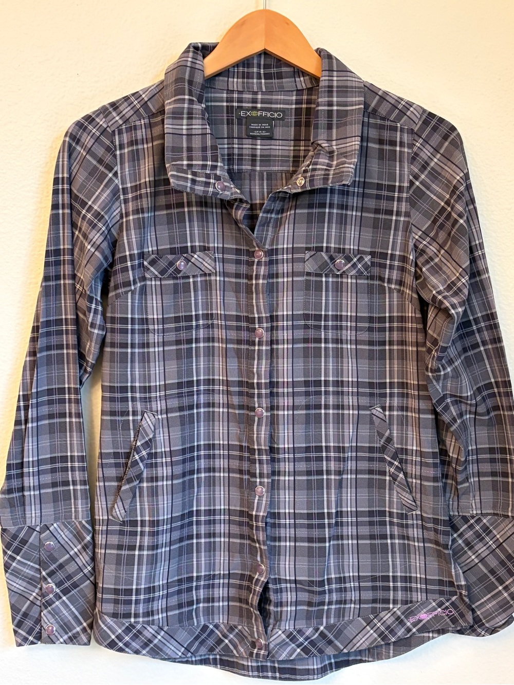 ExOfficio Women’s Small Plaid Snap Button Long Sleeve Shirt Gray Purple